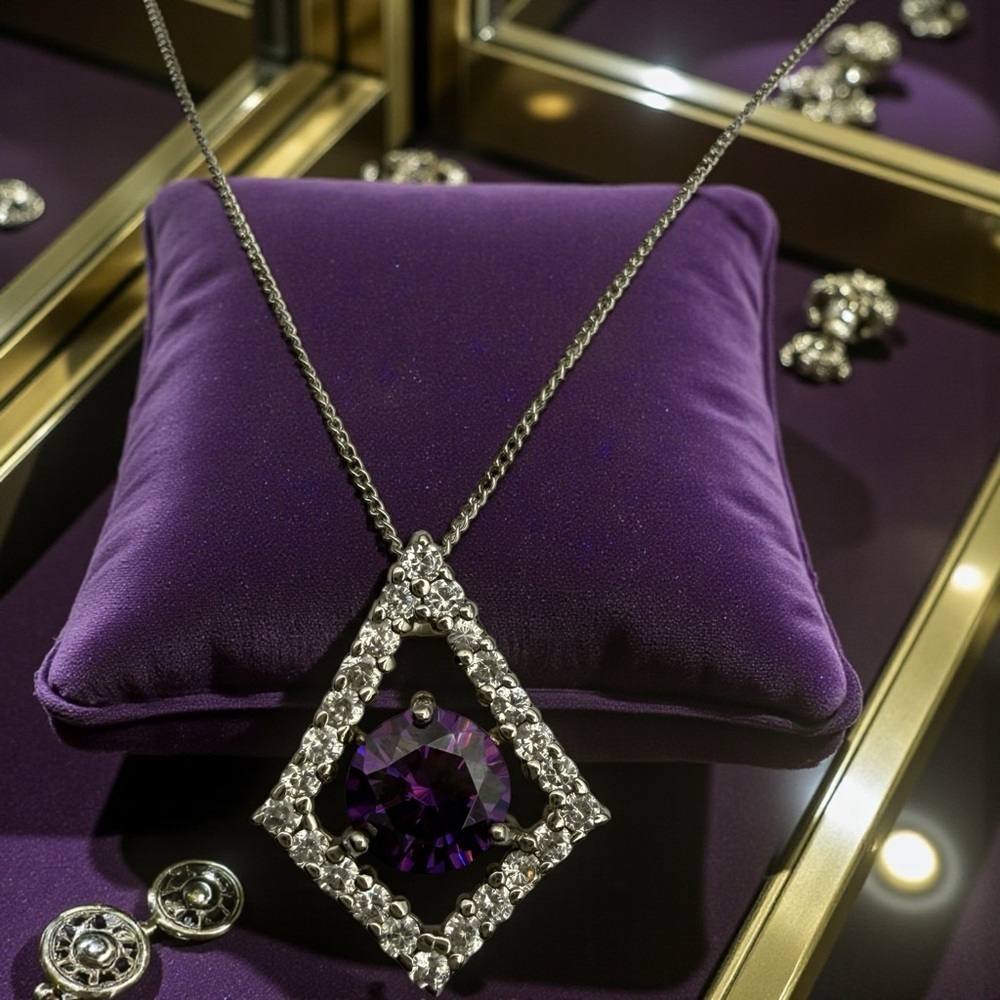 Sterling 925 Geometric Amethyst Necklace stamped on both pendant & neck​